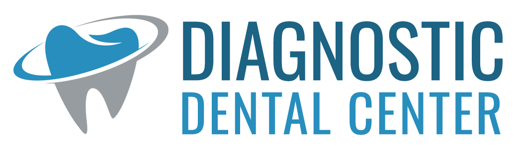 The image displays a logo for the  Diagnostic Dental Center  with a stylized graphic of a tooth and a circular design above it, featuring a partial view of a planet or globe.