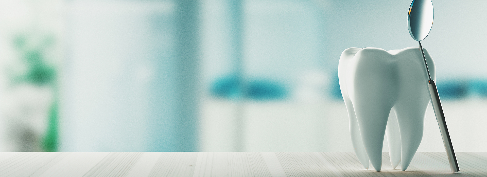 The image depicts a dental office setting with a toothbrush and a glass of water on a counter, and a blurred background featuring what appears to be a medical professional s hands.