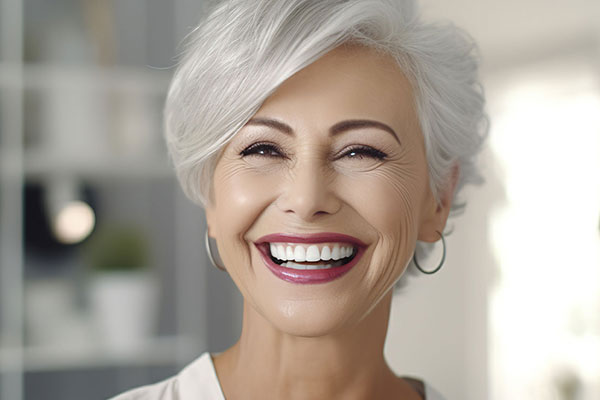 This is an image of a woman with gray hair, wearing a white top and smiling broadly.